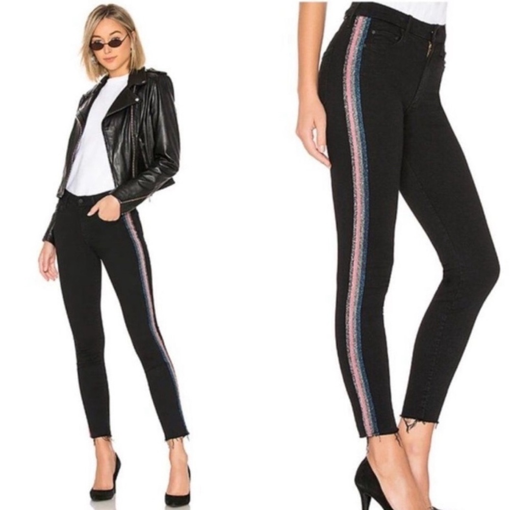 MOTHER High Waisted Looker Ankle Fray Jean Guilty Glitter Racer 27 Black Striped